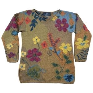 Peruvian Connection Alpaca Knit Sweater Womens Medium‎ Brown Floral Art To Wear